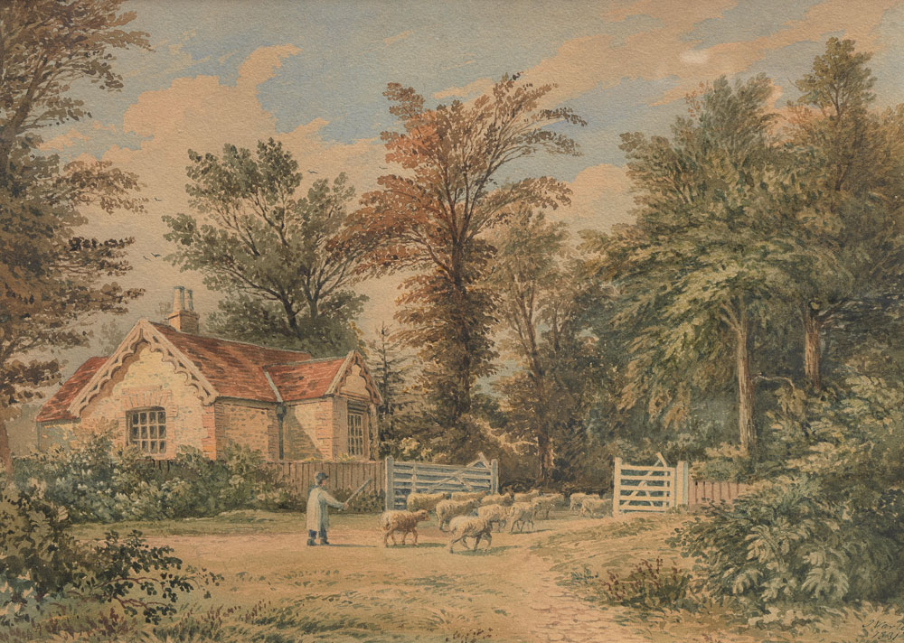 John Varley - A boy driving sheep past a gatehouse, Polesdon Lacey