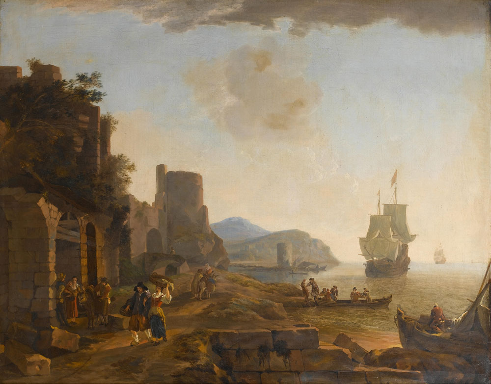 Lieve Pietersz. Verschuier - A coastal Mediterranean landscape at dusk with peasants walking beside ruins, seamen coming ashore and vessels at sea beyond