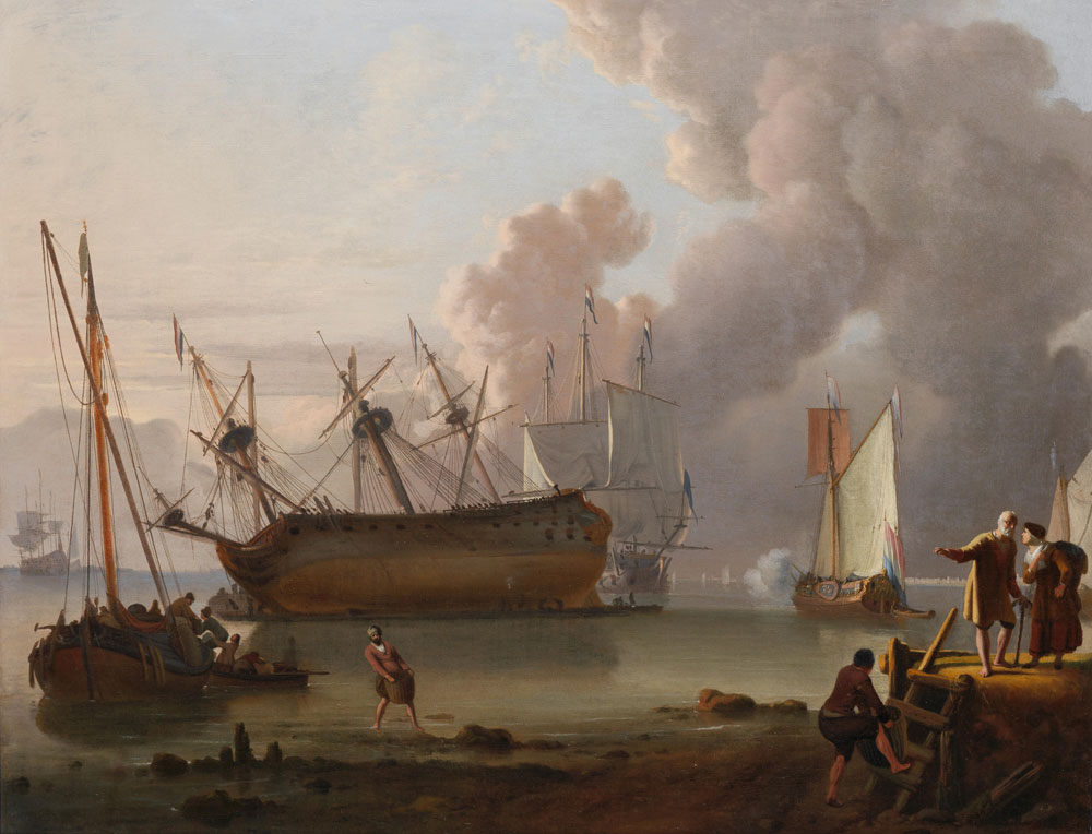 Ludolf Backhuysen - A man o'war being caulked offshore in a calm, a yacht firing a salute