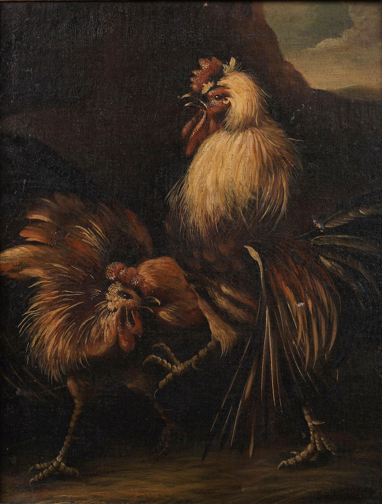 Circle of Melchior d`Hondecoeter - A cockerel victorious over another cockerel with a hen in a landscape