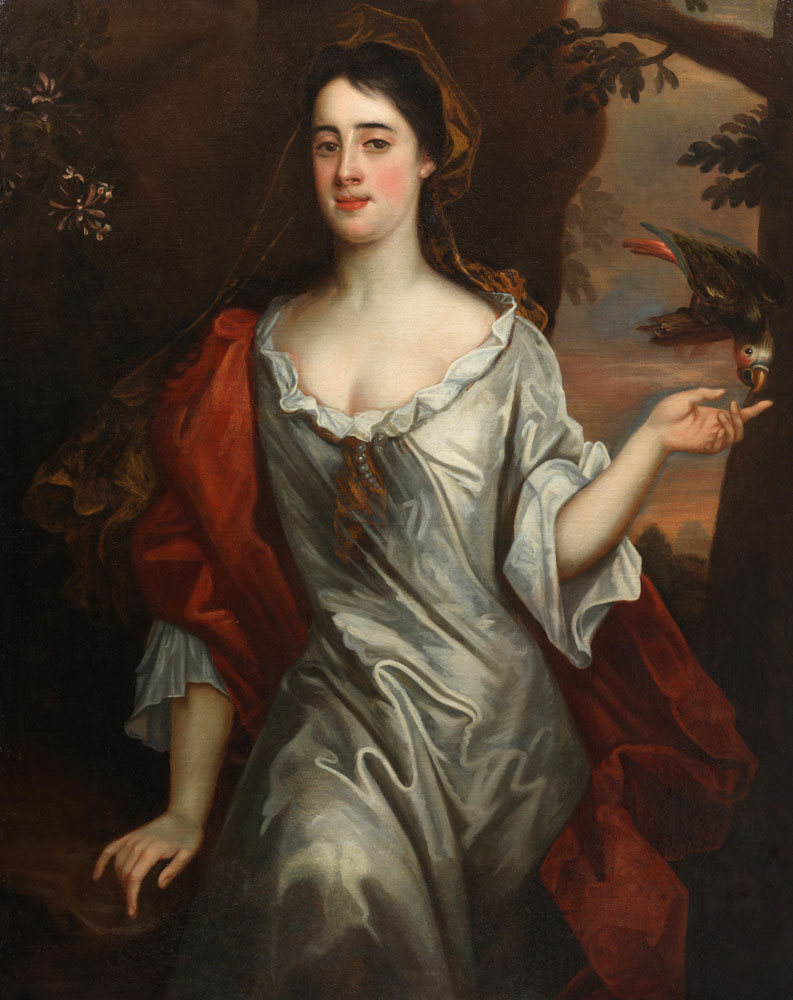 Circle of Michael Dahl - Portrait of a lady, three-quarter length, in a white dress, brown veil and red wrap, holding a parrot
