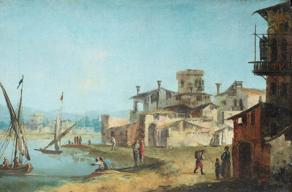 Michele Marieschi - A capriccio of the Venetian lagoon with peasants conversing and resting on a shore