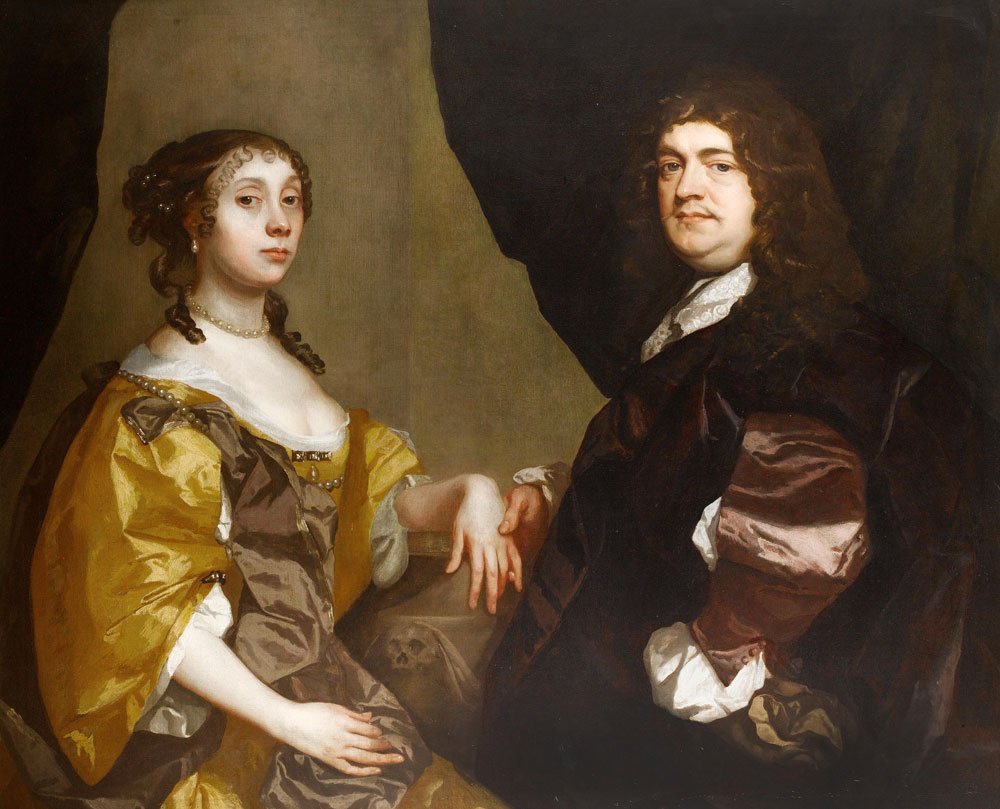 Pieter Borsselaer - Portrait of a gentleman and his wife, both half-length, he wearing a brown tunic and cloak and she wearing a yellow satin dress
