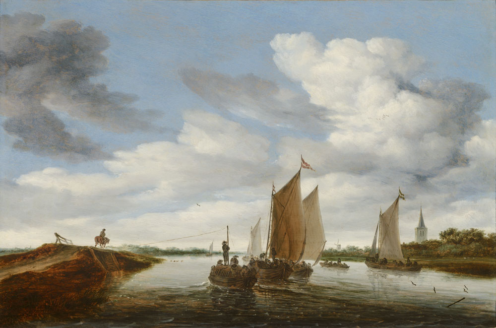 Salomon van Ruysdael - River Landscape with Sailing Boats and a Horse-Drawn Barge