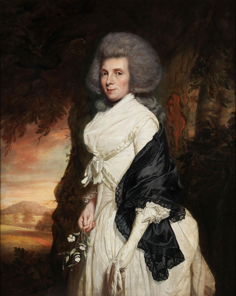 Thomas Beach - Portrait of Anne Henrietta Penruddocke, three-quarter-length, in a white silk dress, standing before a landscape