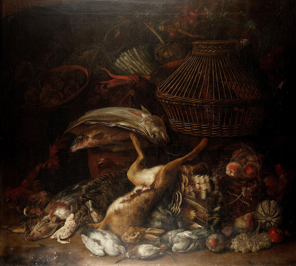 William Sartorius - Peaches in a basket with a dead hare, turkey, and game birds