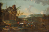 Circle of Abraham Jansz. Begeyn Drovers with cattle and sheep fording a stream with ruins beyond