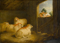 Circle of George Morland A barn interior with two girls observing sheep