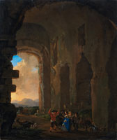 Jan Asselijn Peasants merrymaking among ruins, an Italianate landscape beyond