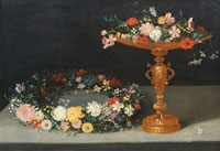 Workshop of Jan Brueghel the Younger Carnations, jasmine and roses in a gilt tazza