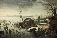 Attributed to Jan Wildens Winter: a landscape with elegant figures skating and boys fighting with snowballs in the foreground, beside a village and a view of Antwerp in the distance beyond