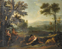 Attributed to Jan Thomas van Yperen A landscape with shepherds and shepherdesses resting beneath a tree
