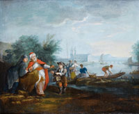 Circle of Jean-Baptiste Leprince Merchants and fishermen at a Mediterranean port