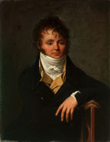 Circle of Louis Gauffier Portrait of a gentleman, small, half-length, in a dark blue coat, a yellow waistcost with a white cravat
