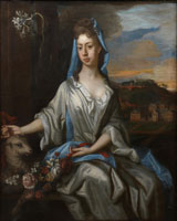 Follower of Michael Dahl - Portrait of Catherine, First Duchess of Rutland, three-quarter-length, in a white dress and blue wrap, seated with a lamb before a landscape
