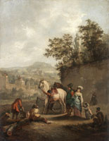 Manner of Philips Wouwerman Figures and horses gathered on a country path, a town beyond
