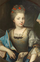 Circle of Pierre Mignard Portrait of a lady, said to be Louise-Francoise de Bourbon, half-length, in a blue embroidered dress, seated with a dog