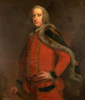 Circle of Thomas Hudson Portrait of an officer, standing three-quarter-length, in a scarlet frock coat with a blue, fur-lined cloak, his hand resting on a sword