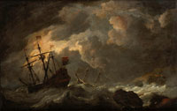 Circle of Willem van de Velde the Younger Dutch shipping in rough seas off a rocky coastline