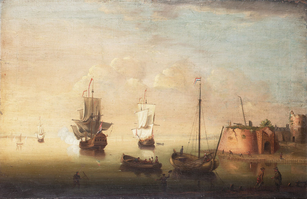 Circle of Adriaen van Diest - A coastal inlet with moored Dutch shipping