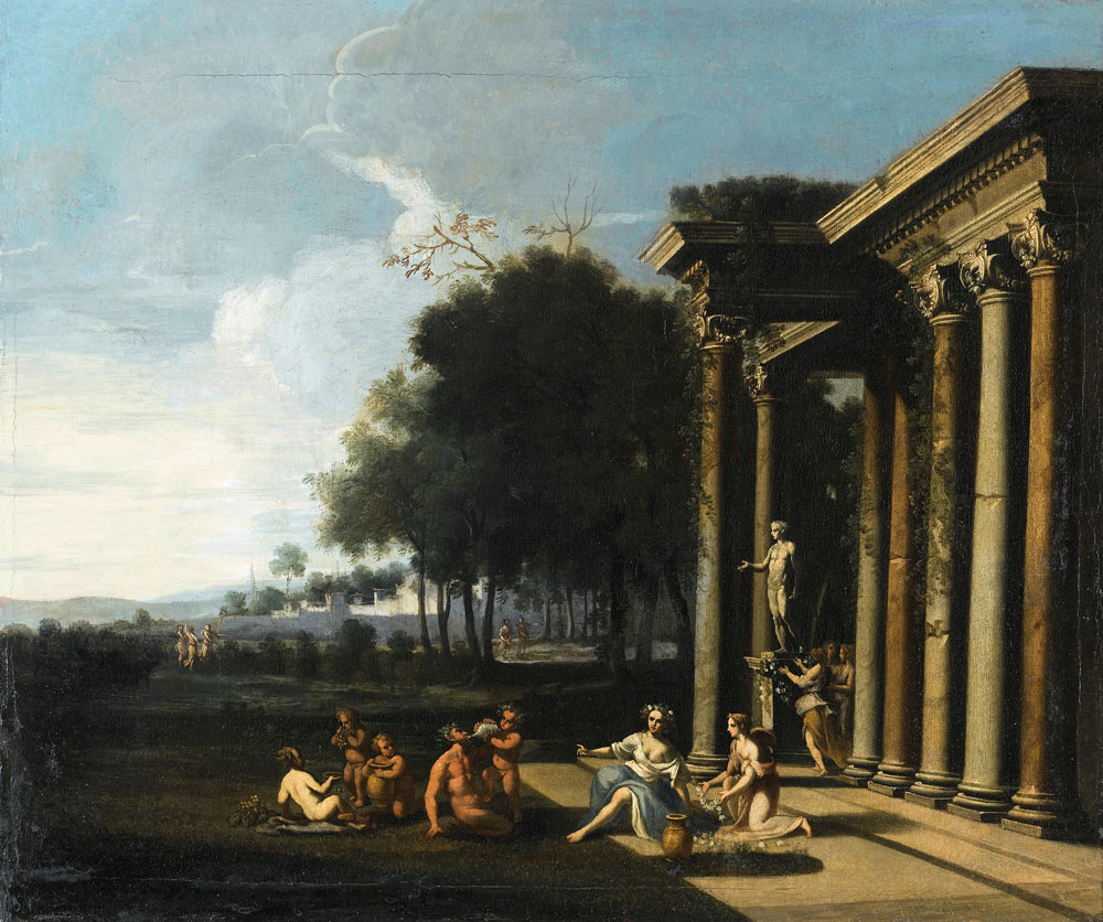 Circle of Alberto Carlieri - An Italianate landscape with a Bacchanale
