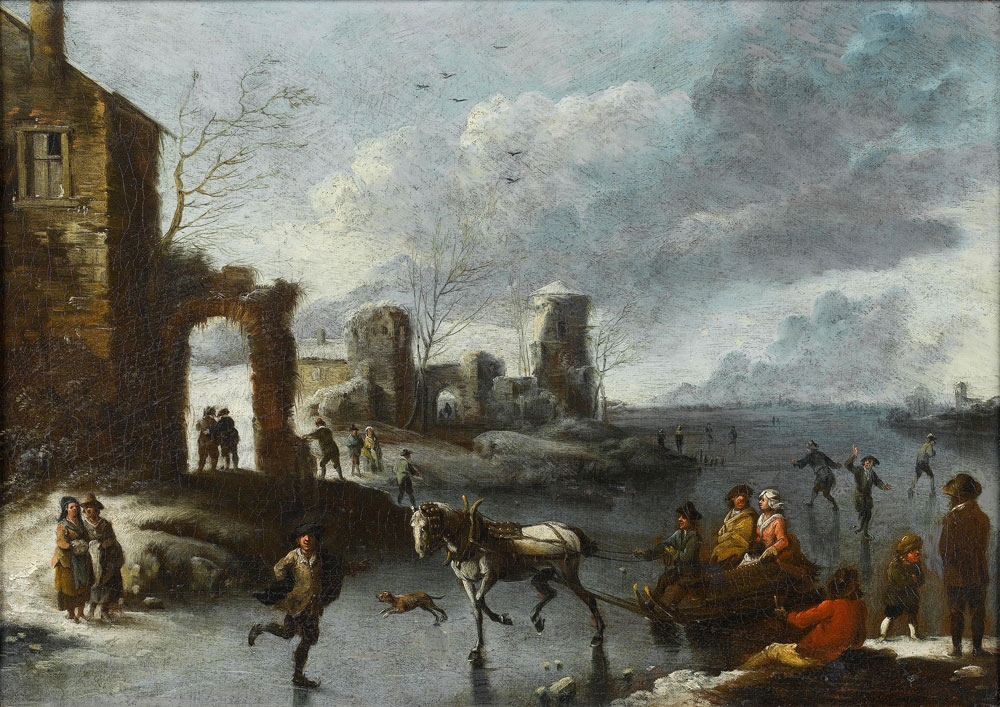 Attributed to Alexander van Bredael - A horse-drawn sleigh and skaters on a frozen river