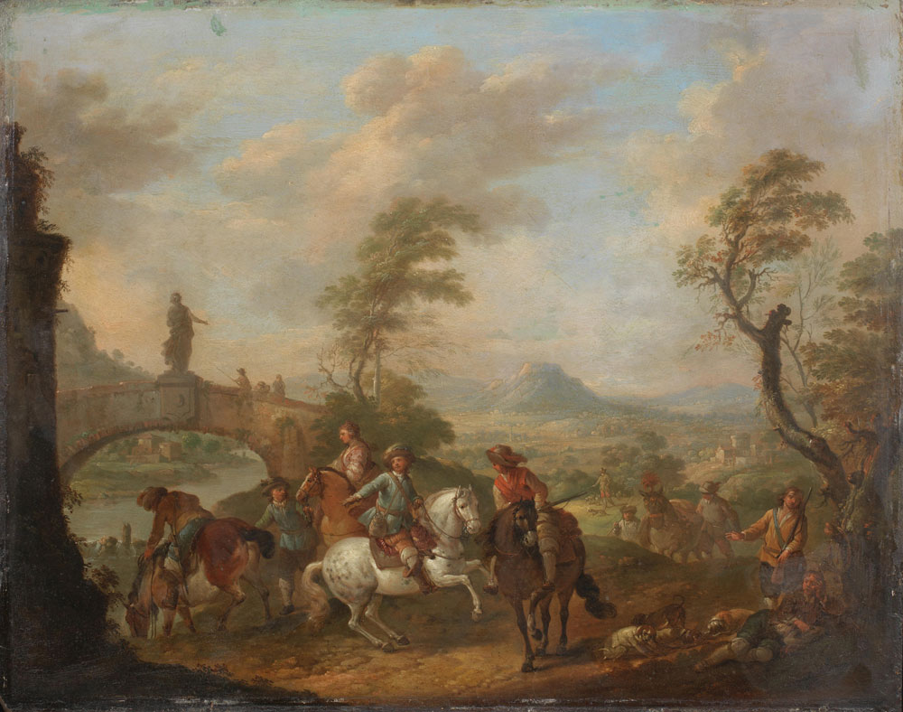 Carel van Falens (Antwerp 1683-1733 Paris) - Figures on horseback by a river, an open landscape beyond