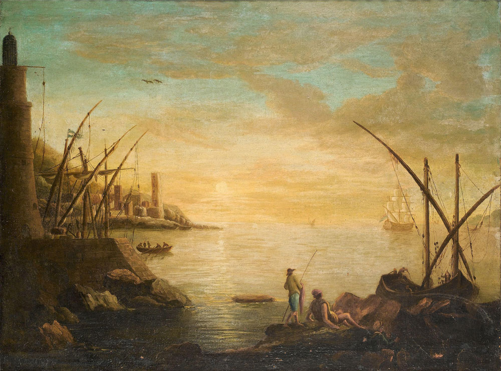 Follower of Claude Joseph Vernet - A Mediterranean harbour at sunset
