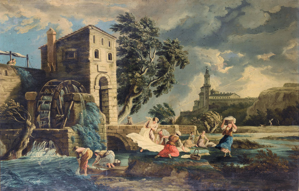 After Claude Joseph Vernet - Washerwomen by a watermill in an open landscape