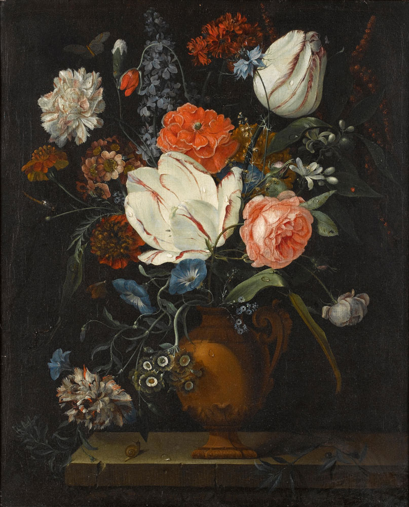 Attributed to Conraet Roepel - Tulips, carnations, a rose, morning glory