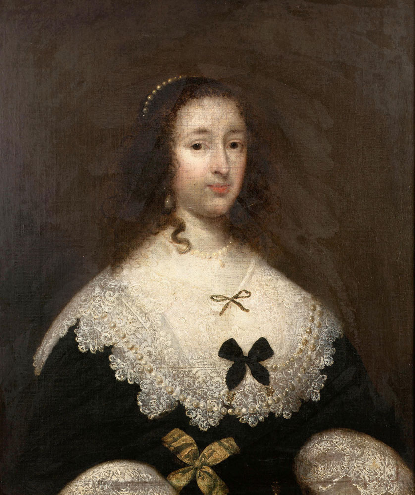 Cornelis Janssens van Ceulen - Portrait of a lady, half-length, in a black dress with a white lace collar and cuffs, with yellow and black bows