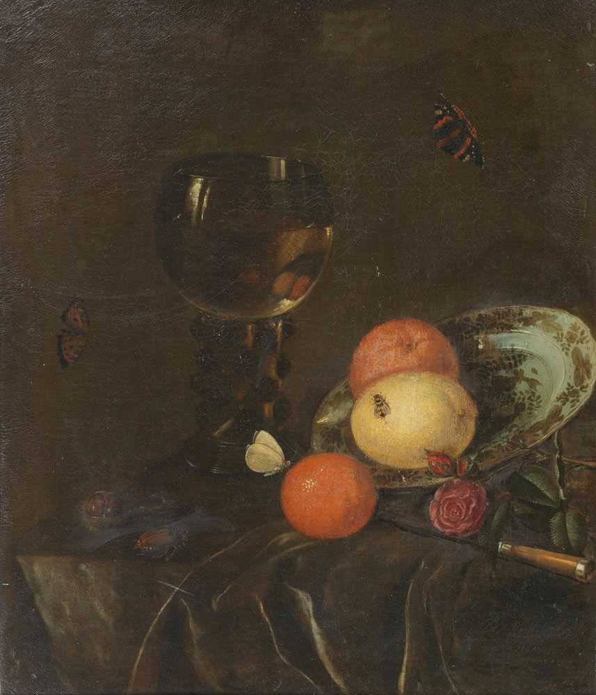 Daniel Vertangen - Oranges and lemons on a porcelain plate, a roemer filled with wine, chestnuts, roses and insects on a draped table