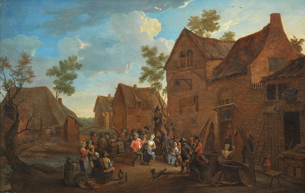 Manner of David Teniers the Younger - Figures dancing and feasting outside a tavern