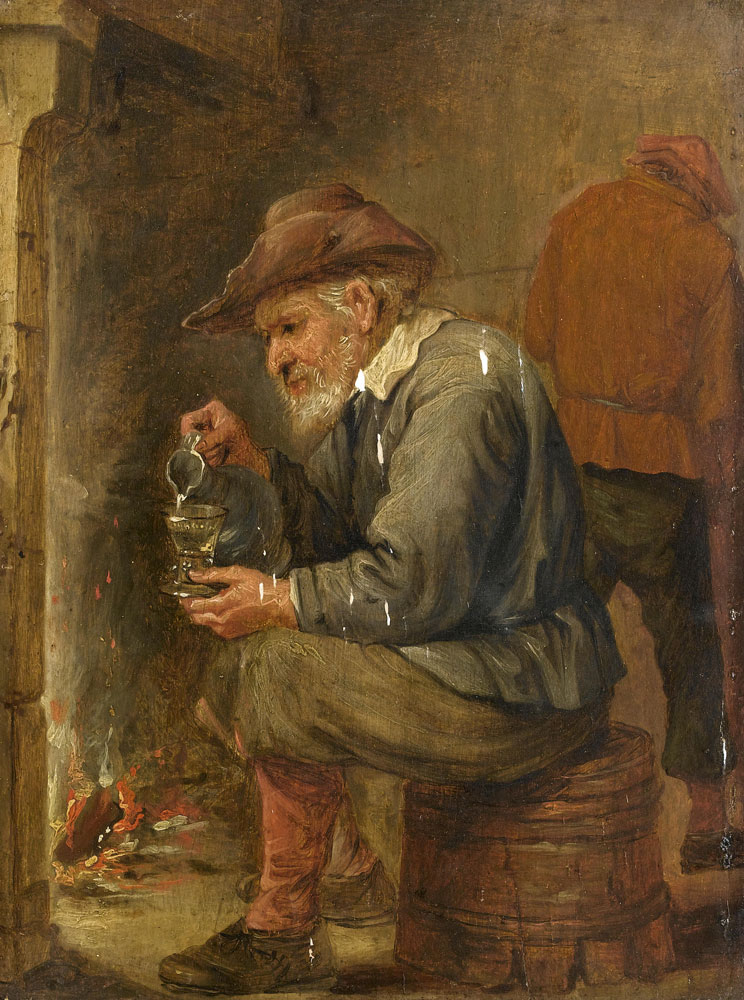 Circle of David Teniers the Younger - A Toper holding a jug and a glass before a fire