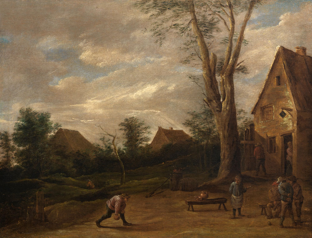 After David Teniers the Younger - A village scene with four peasants playing boules before a tavern, two cottages beyond