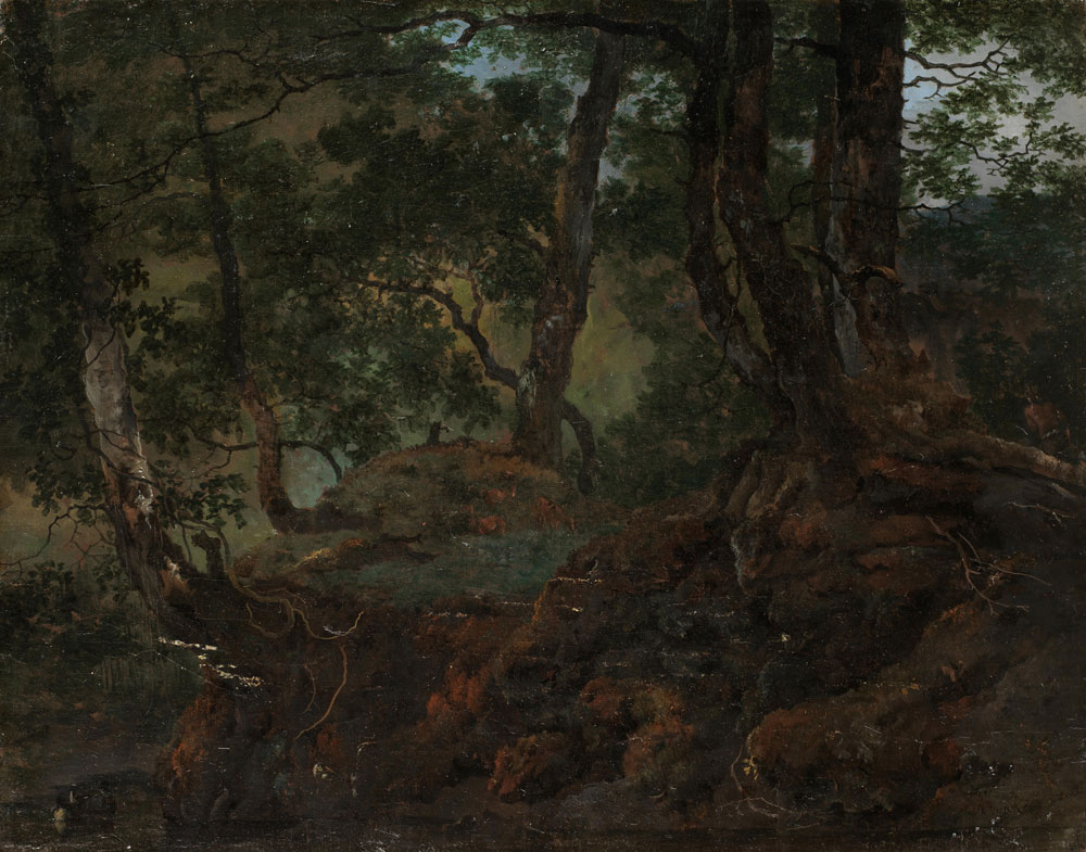 Dutch School - Deer drinking from a stream in a wooded landscape