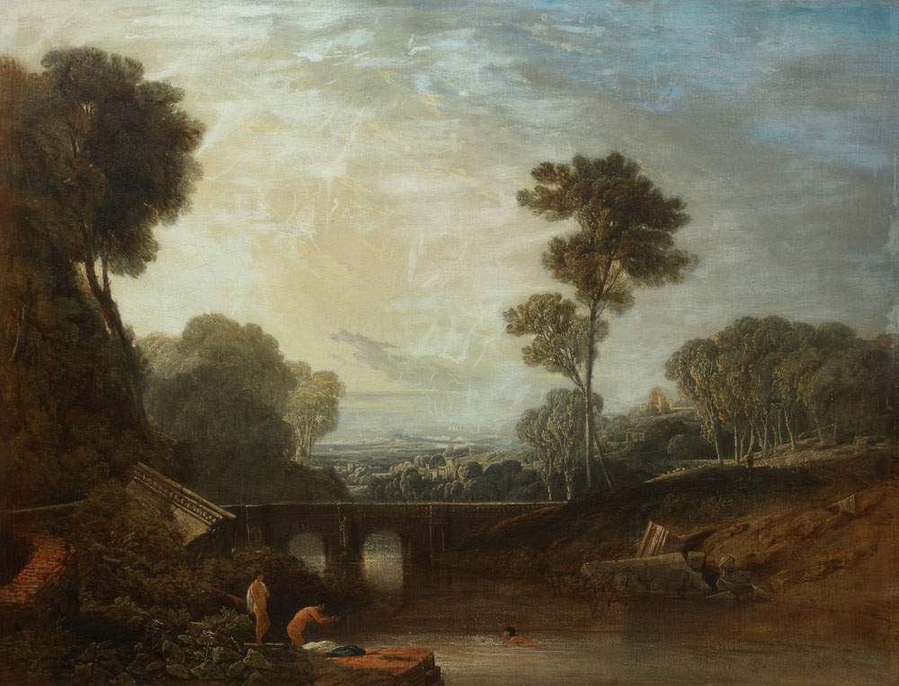 English School - Figures bathing by a river with a bridge in the distance