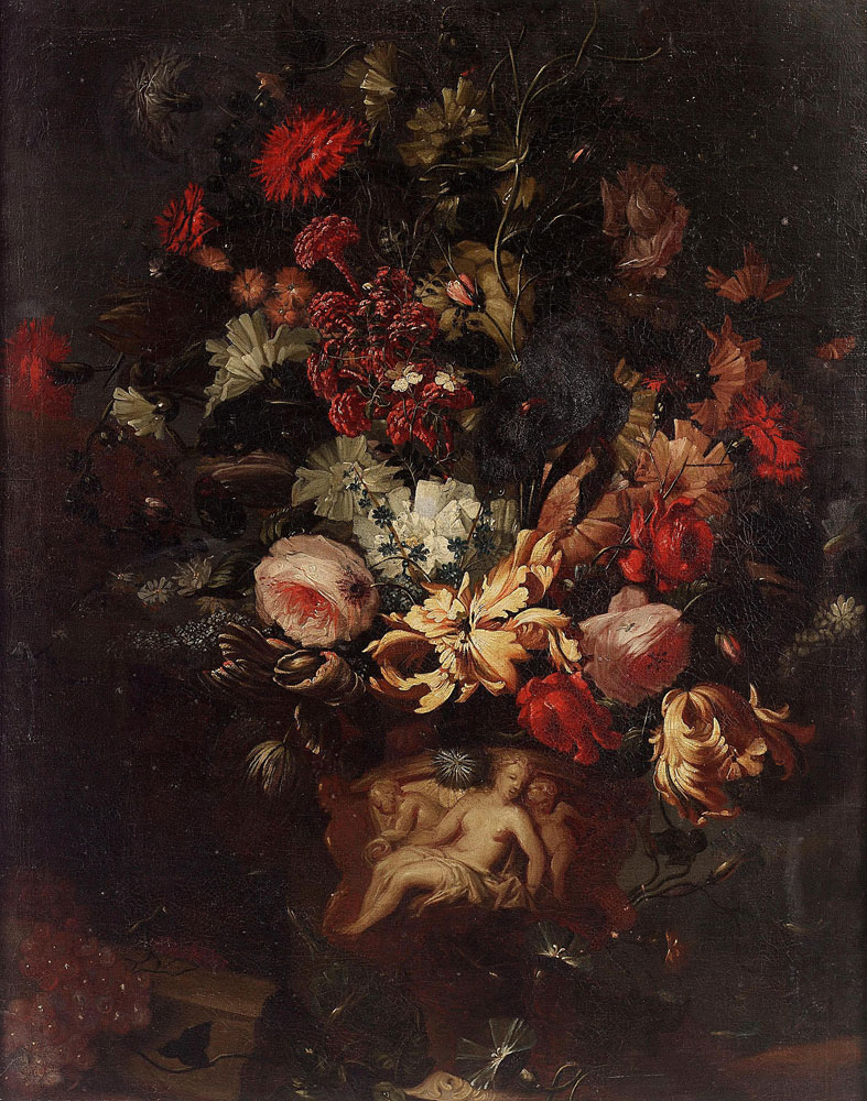 Franz Werner von Tamm - Peonies, chrysanthemums, roses, narcissi and other flowers in a sculpted urn with morning glory and grapes on a ledge