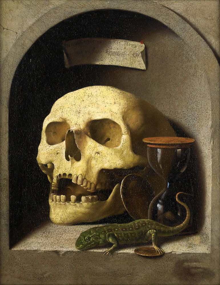 German School - A skull, a lizard, coins and an hourglass in a painted stone niche
