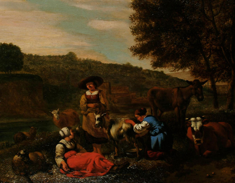 Gerrit Adriaensz. Berckheyde - Milkmaids and their animals in an Italianate landscape