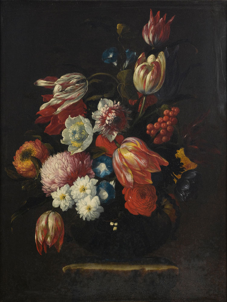 Giuseppe Recco - Tulips, roses, narcissi and other flowers in a glass vase on a stone pedestal