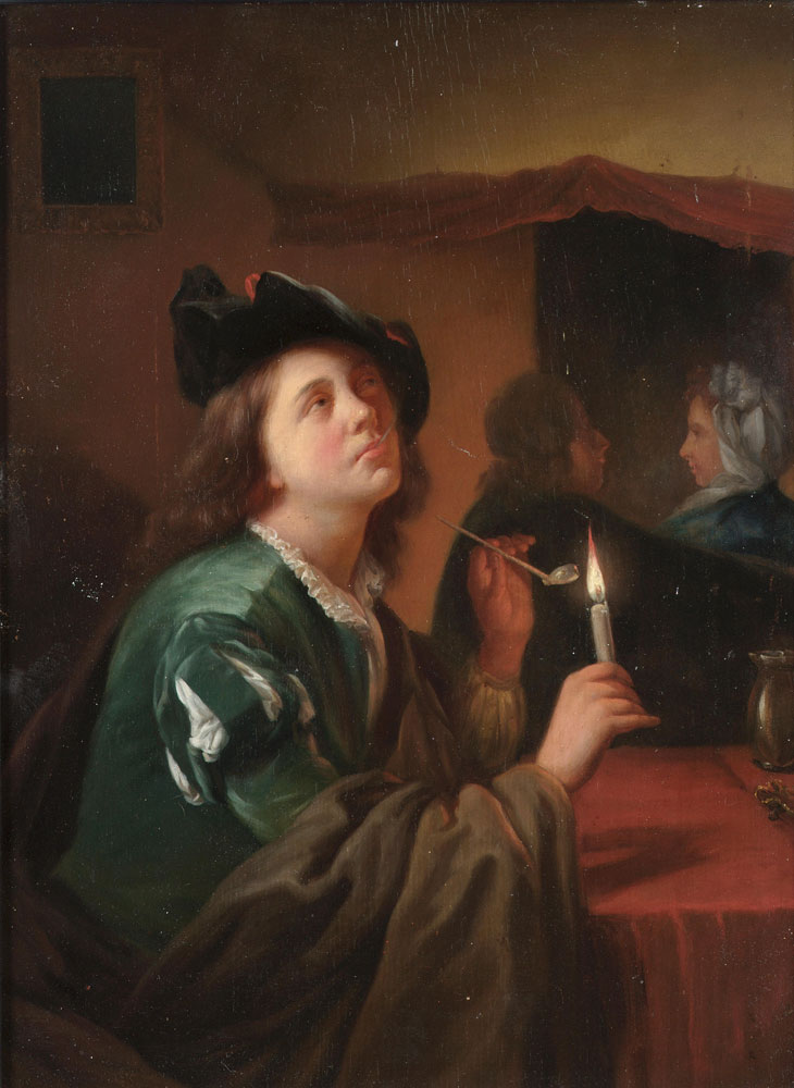 After Godfried Schalcken - A young man smoking by candlelight in a tavern interior