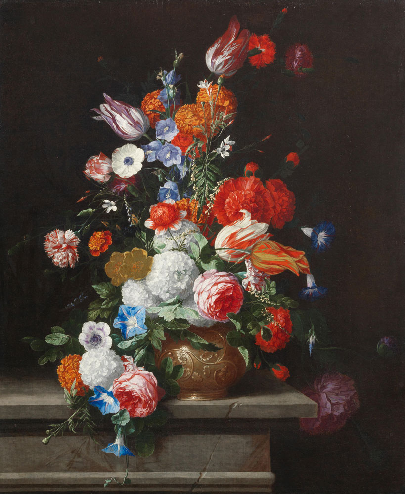Hieronymus Galle the Elder - Roses, tulips, morning glory and other flowers in an urn on a stone ledge