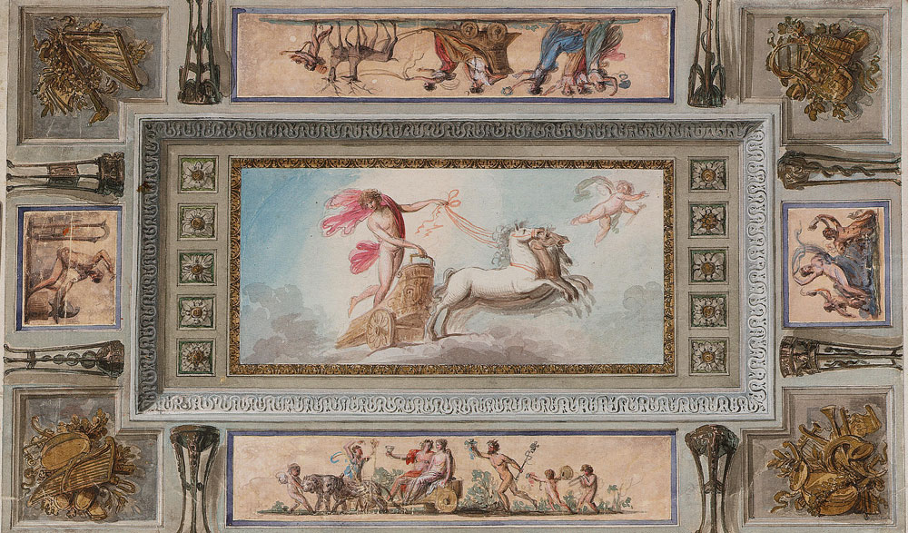 Italian School - A ceiling design with Apollo in his chariot in the central panel