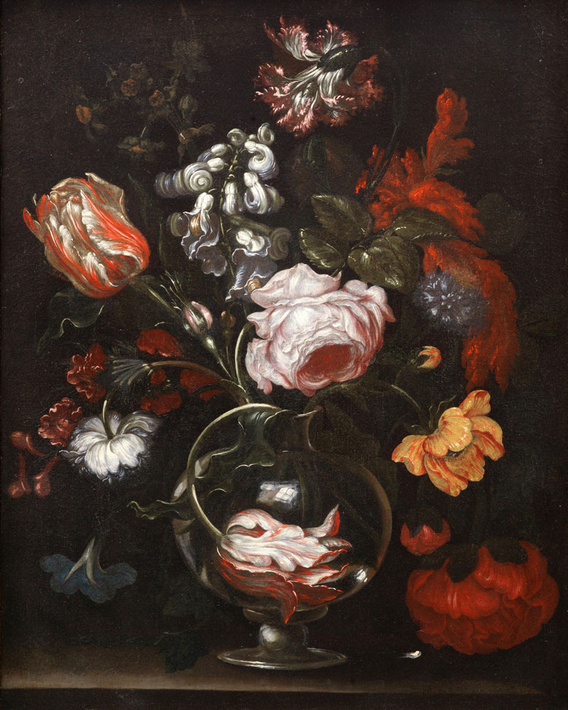 Italian School - Roses, tulips, and other flowers in a glass vase on a stone ledge