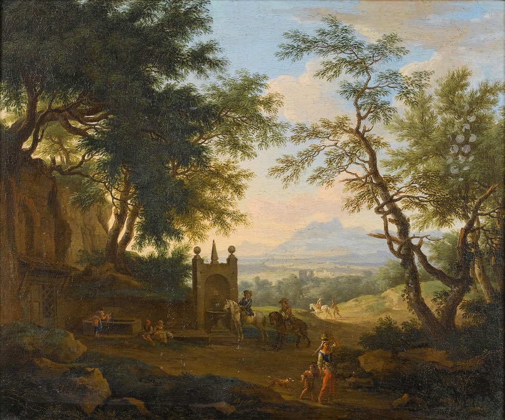 Jakob de Heusch - A wooded landscape with travellers halting on a country path beside a well