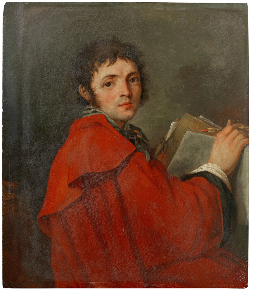Circle of Johann Baptist Lampi I - Portrait of an artist, said to be Vladimir Borovikovsky, half-length, in a red coat, holding a folio of drawings