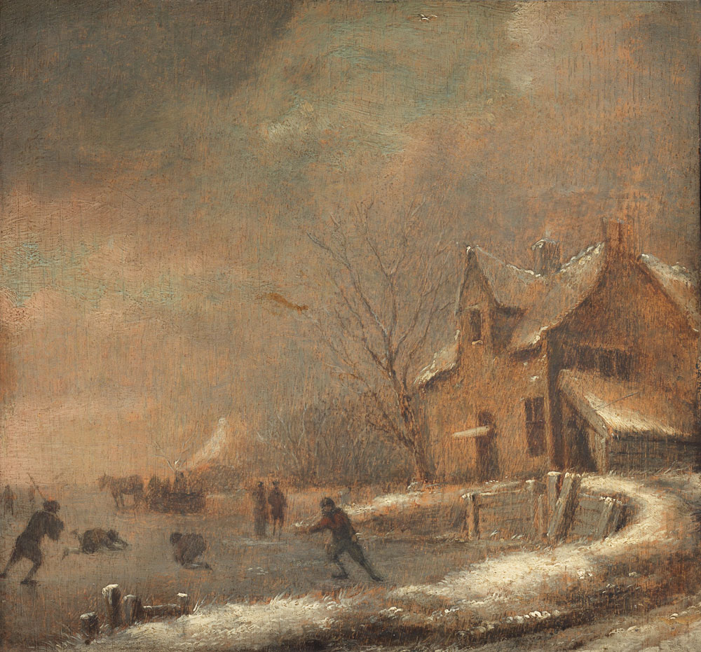 Attributed to Klaes Molenaer - A winter landscape with figures ice skating