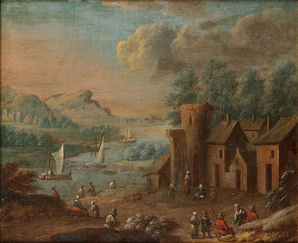 Marc Baets - A river landscape with figures in a village in the foreground, a village in the distance