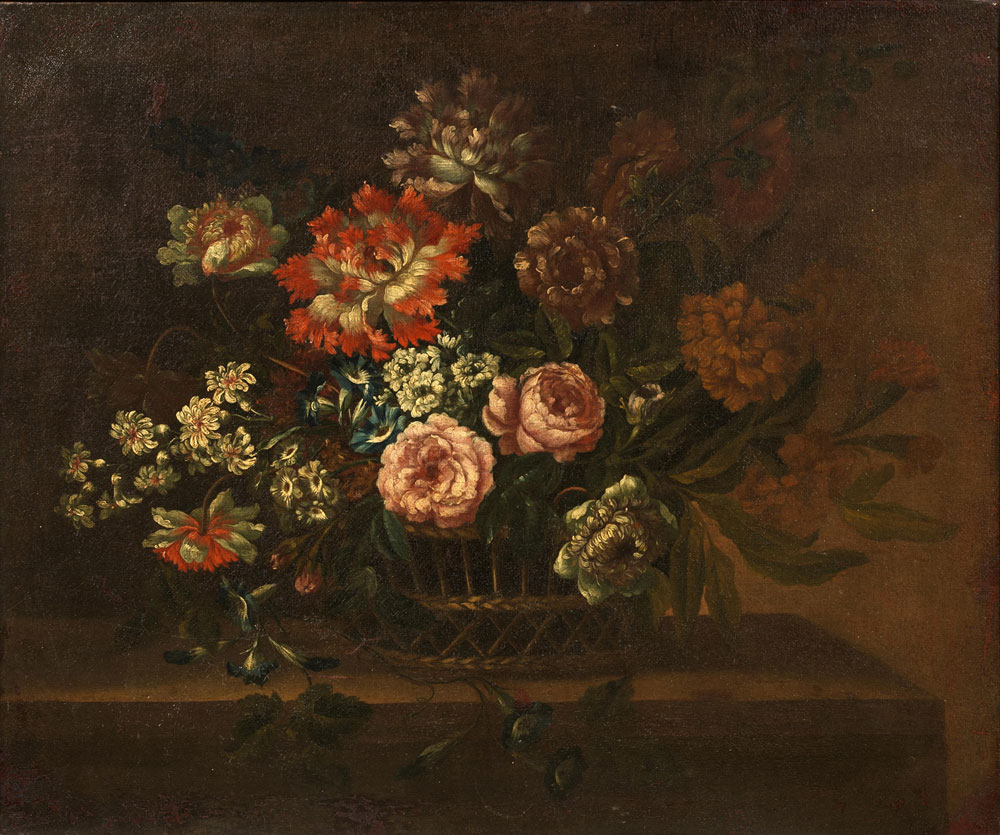 Circle of Pieter Casteels III - Poppies, chrysanthemums, roses and other flowers in a basket on a stone ledge